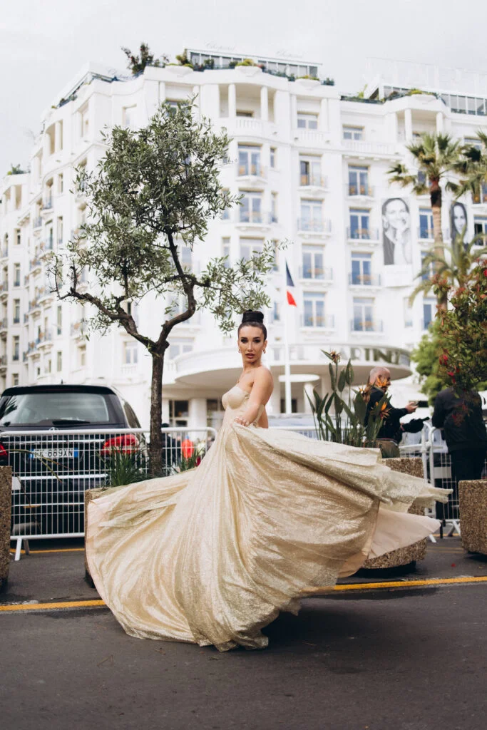 Cannes Photography in a Gold Dress