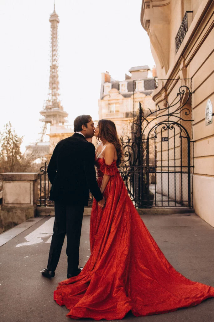 Couple Photos in Red Flying Dress in Paris