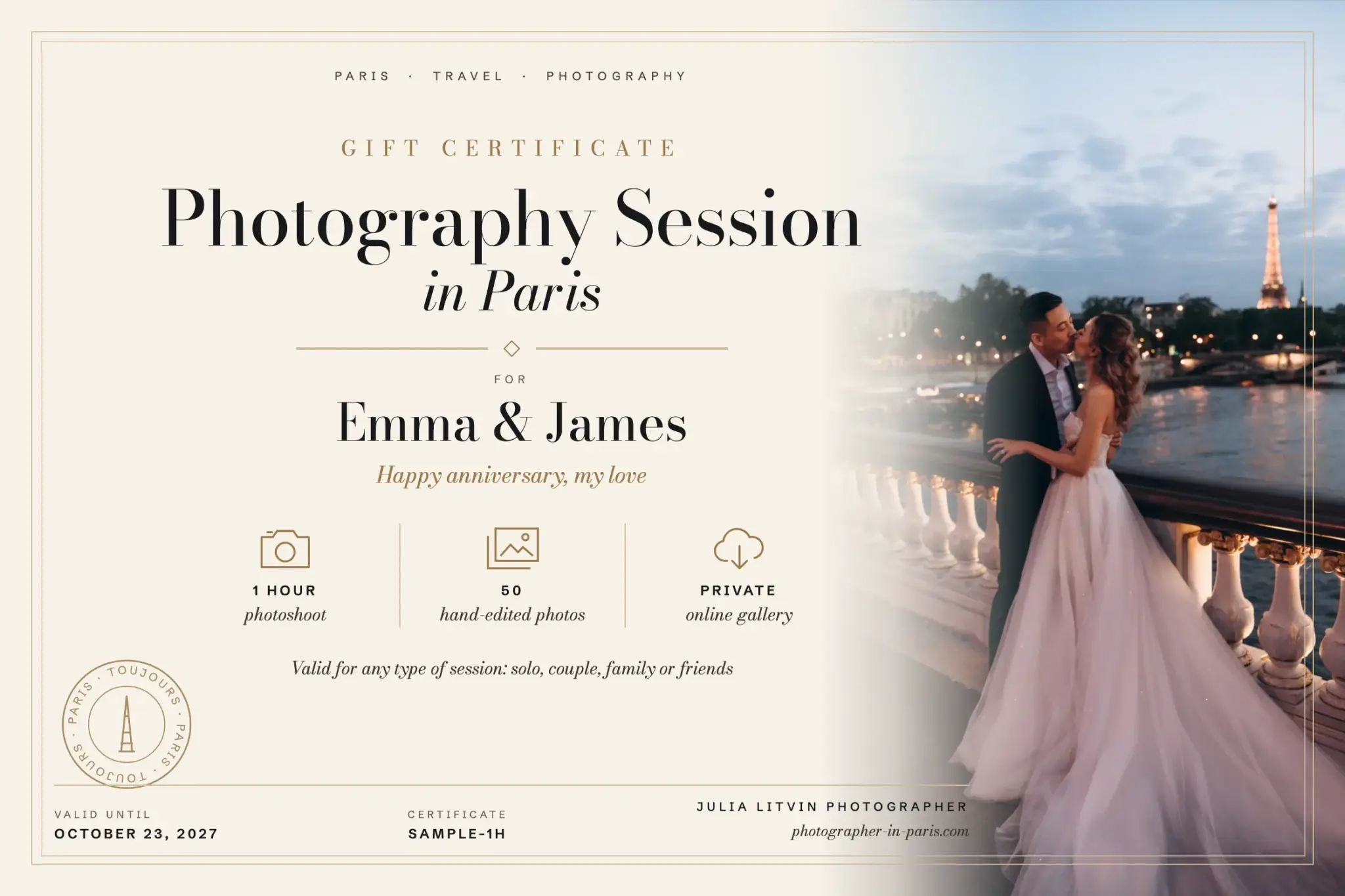 Sample Paris photoshoot gift certificate for a one-hour session, with a couple on Pont Alexandre III