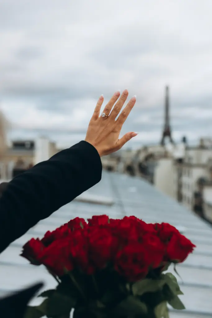 Proposal on a Paris rooftop with red roses and the Eiffel Tower